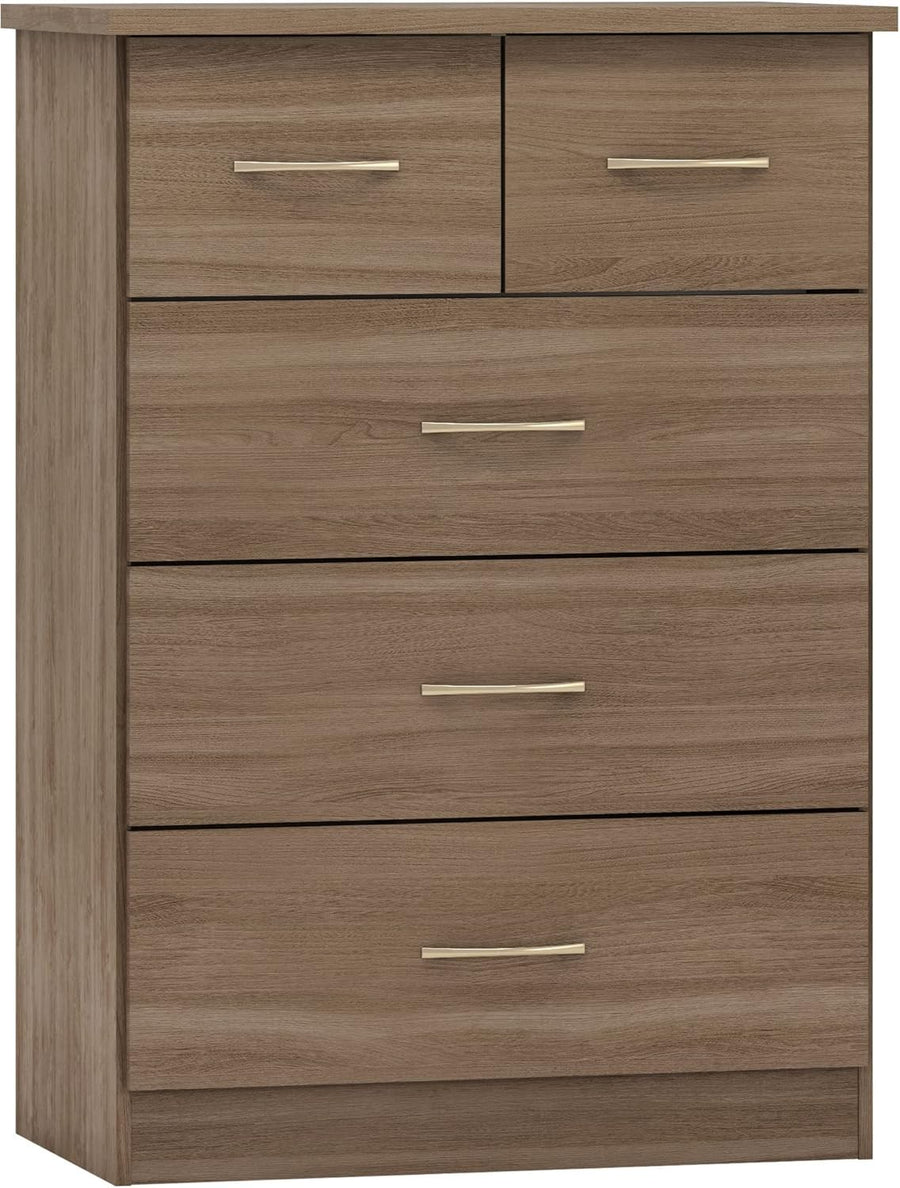 Rustic Oak 5 Drawer Chest of Drawers Tall Slim Bedroom Storage Cabinet