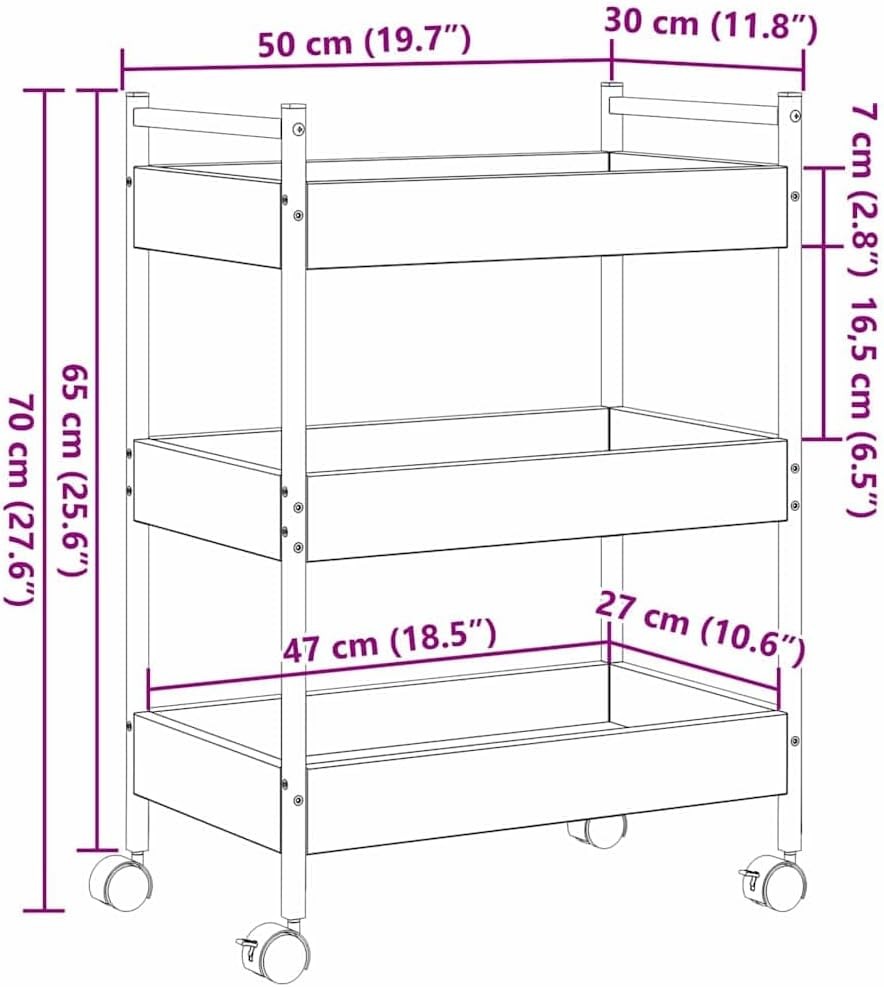 3 Tier Kitchen Trolley Rolling Storage Cart Industrial Wooden Shelves Wheels