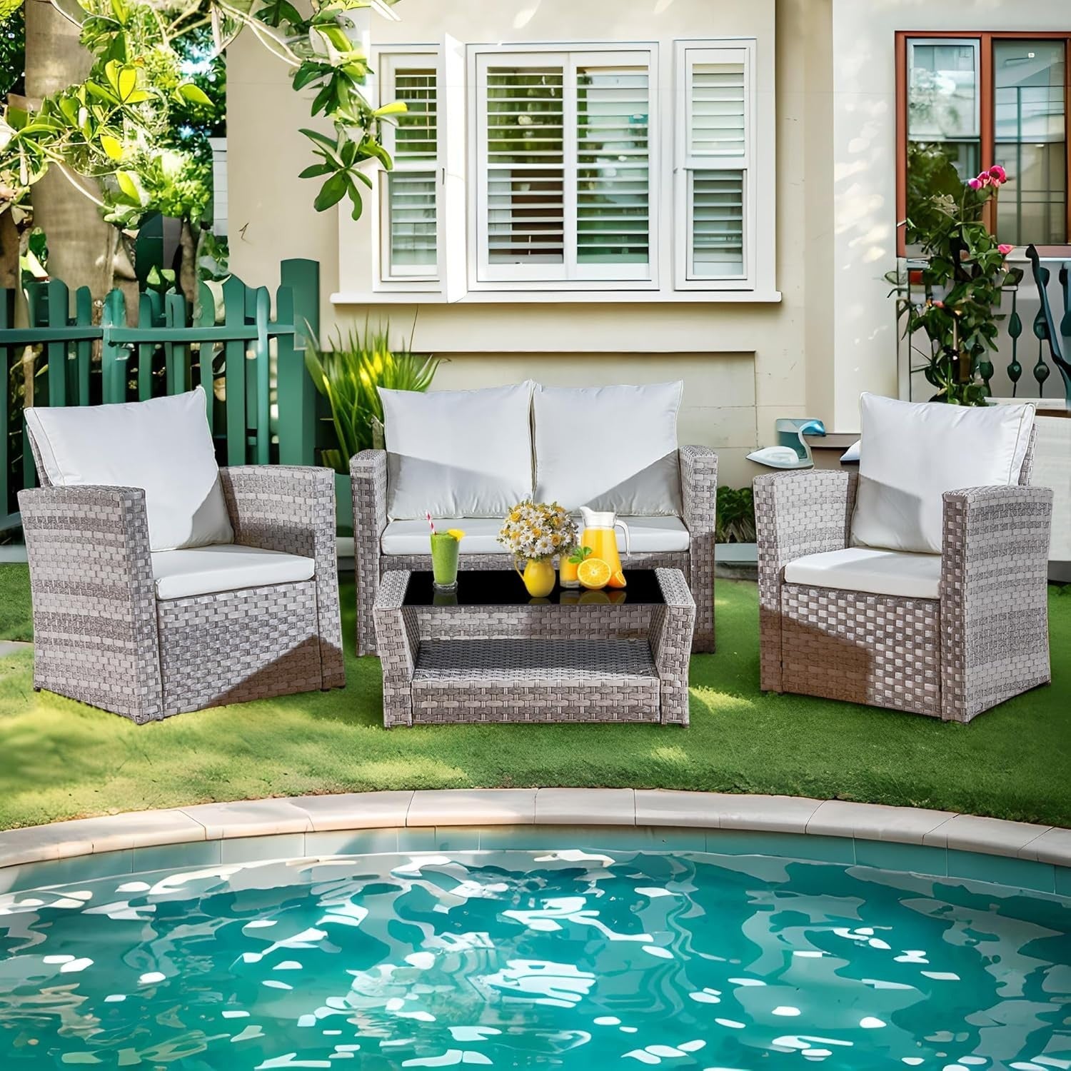 Rattan Garden Sofa Set 4pc Grey Chairs Glass Table Cushions Patio Use