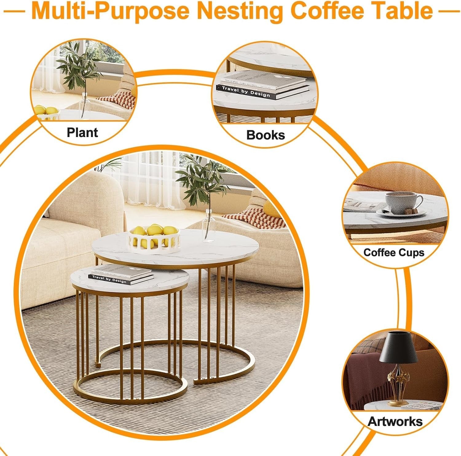 Gold Round Nesting Coffee Table Set Modern End Side Accent Living Room Furniture