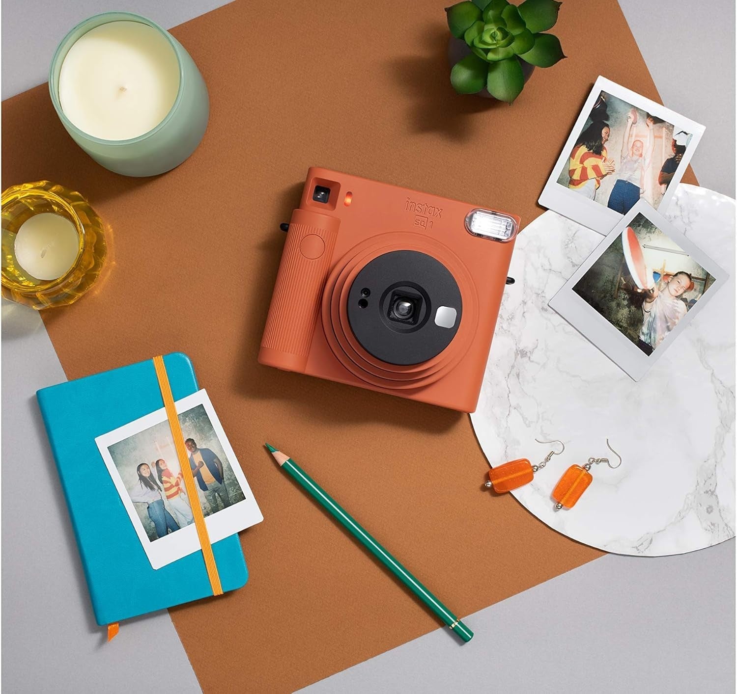 Square Instant Camera Orange 10 Shot Film Selfie Mode Auto Exposure