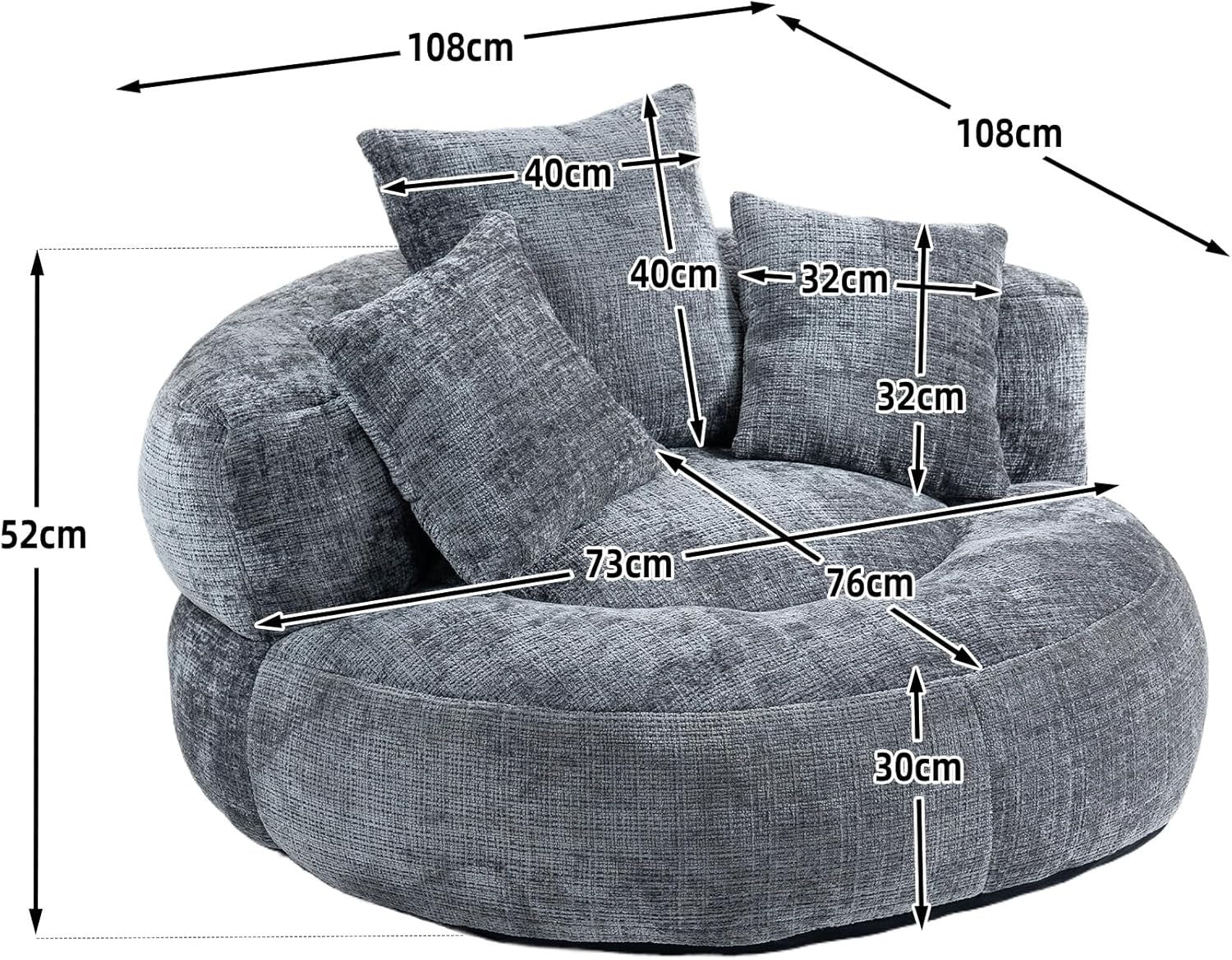 Giant Grey Memory Foam Bean Bag Sofa Chair w/ Cushions – Adult Gaming Lounger
