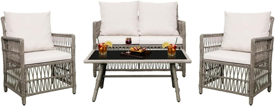 Rattan Garden Furniture Set 4 Piece Outdoor Sofa Set w/ Cushions Patio