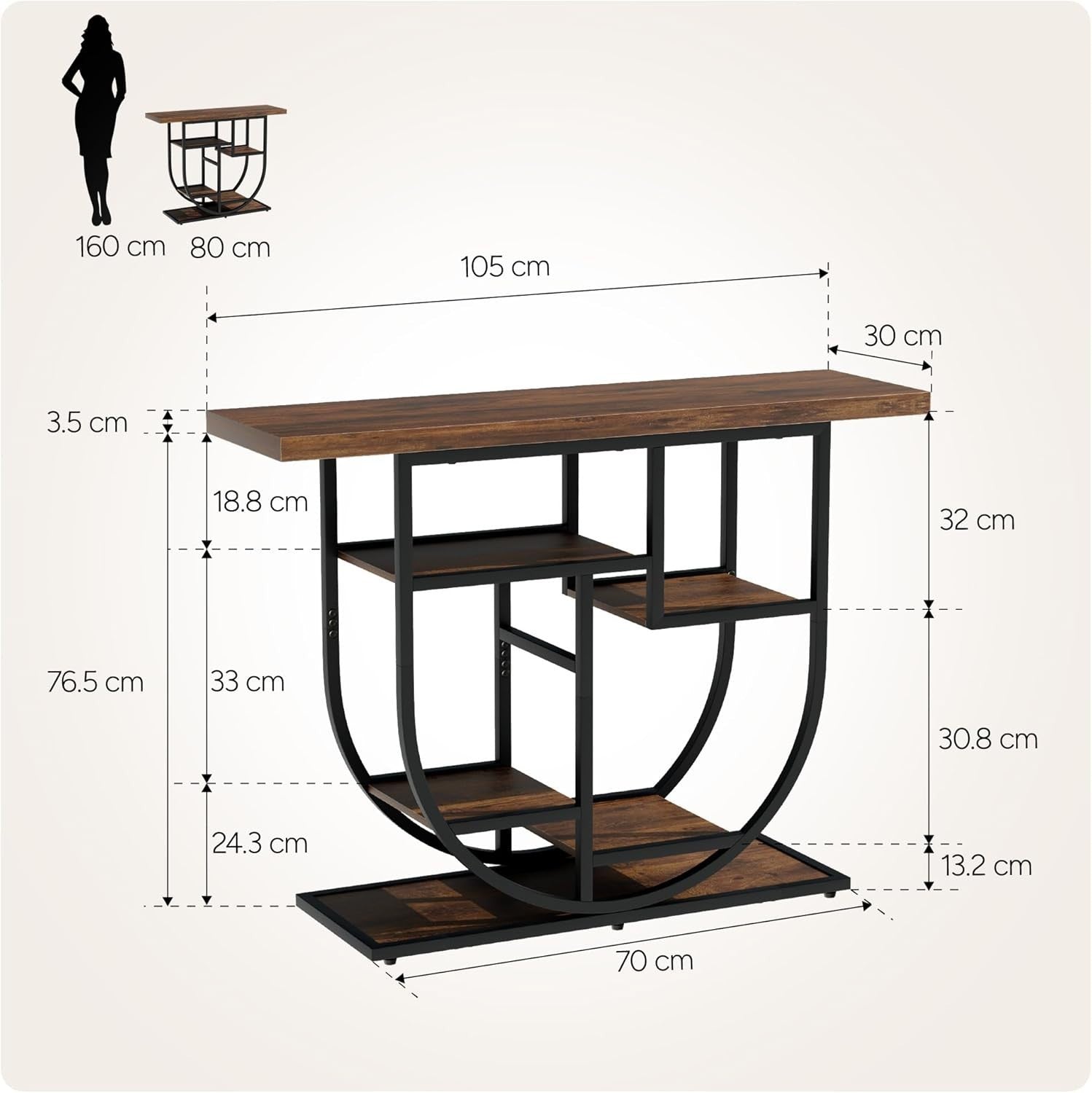 Narrow Rustic Console Table with Storage Shelves & Metal Frame 103cm