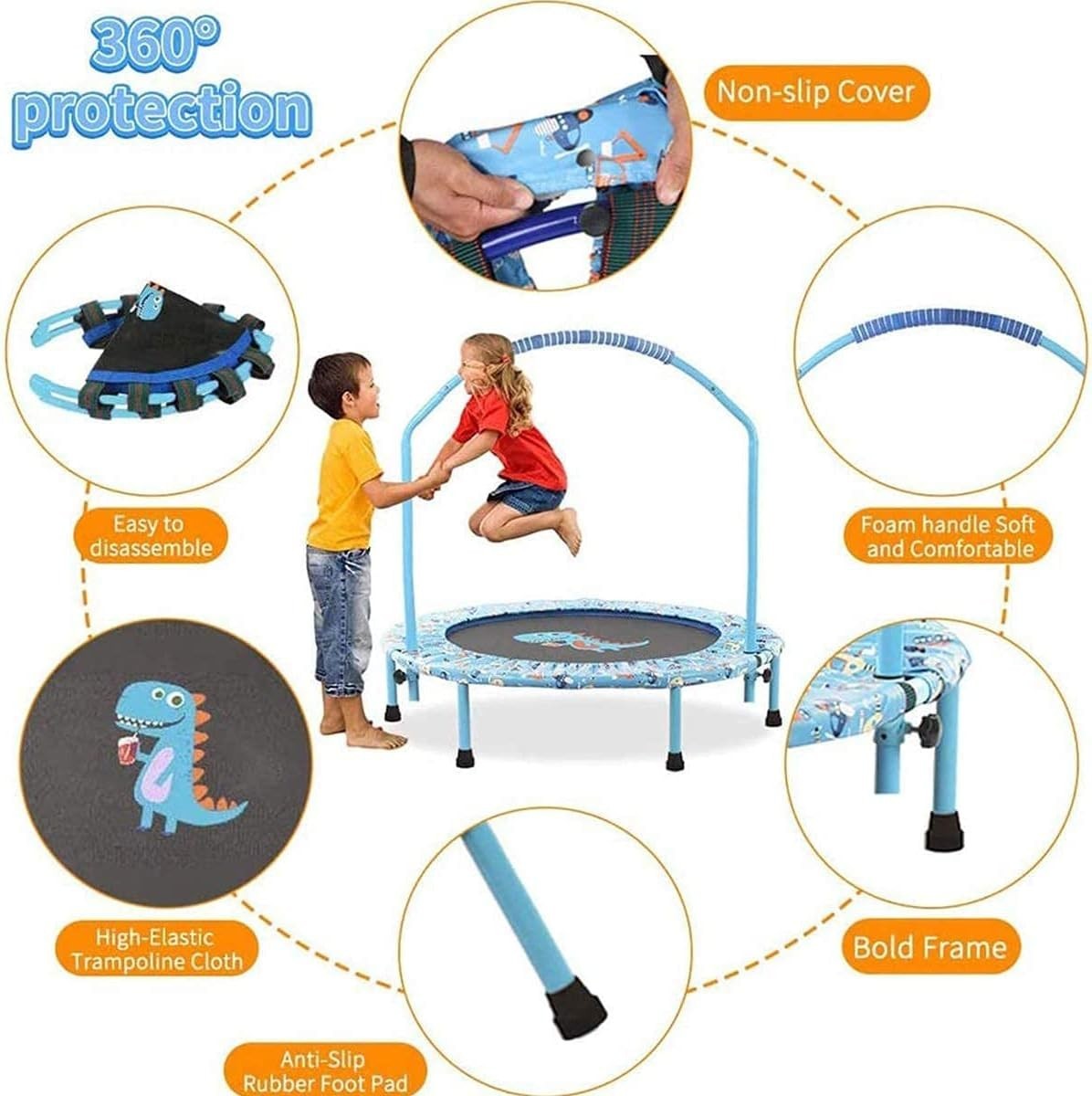 38in Kids Quiet Rebounder Trampoline Adjustable Handle Foldable