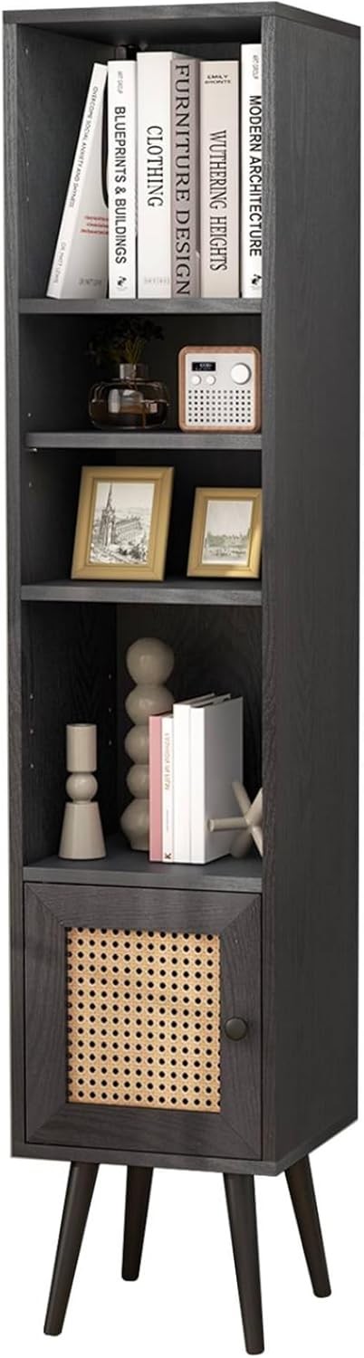 Slim Tall 6-Tier Bookcase with Cabinet Modern Black Storage Shelf Unit