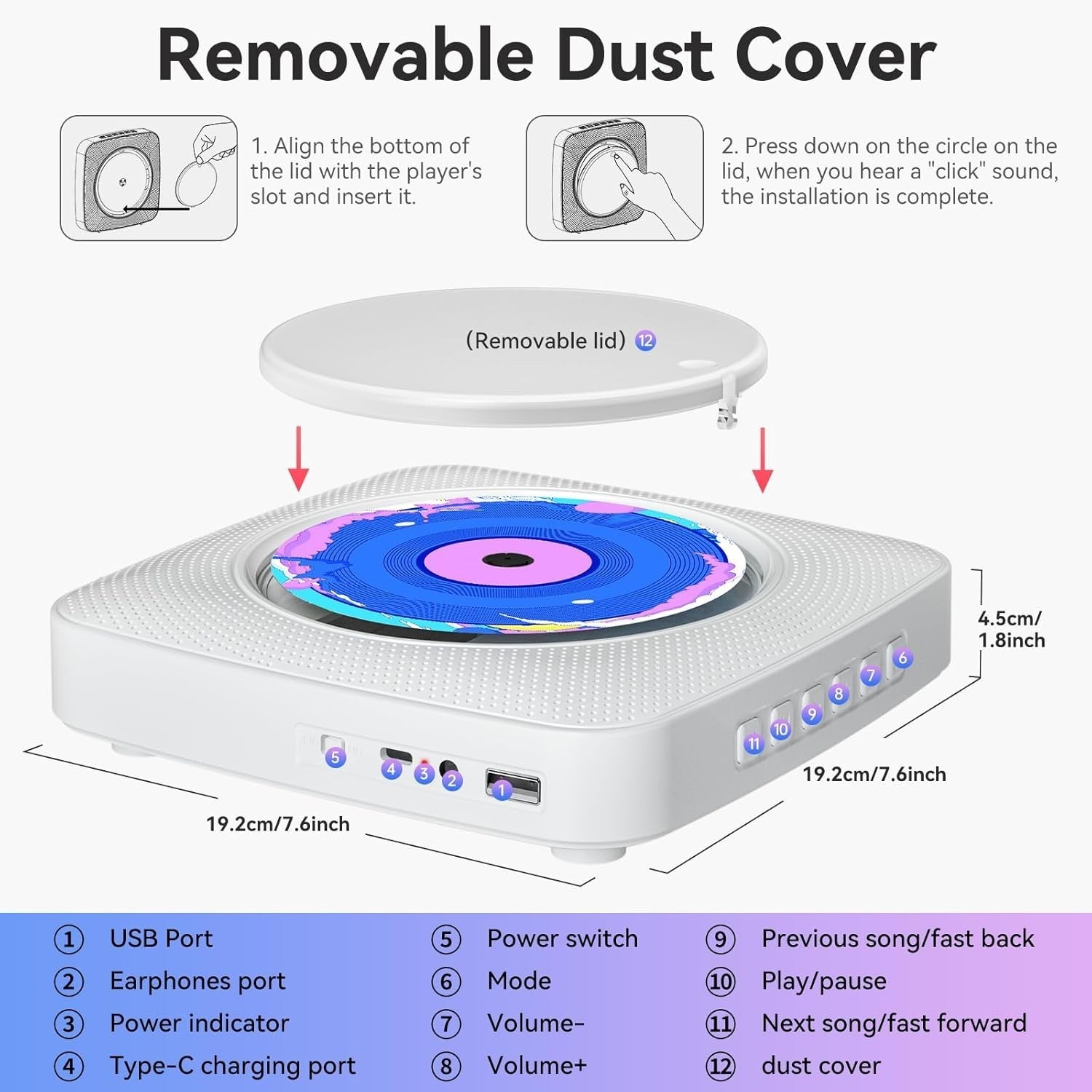 Portable CD Player Bluetooth Speakers FM Radio USB AUX Remote Wall Mount