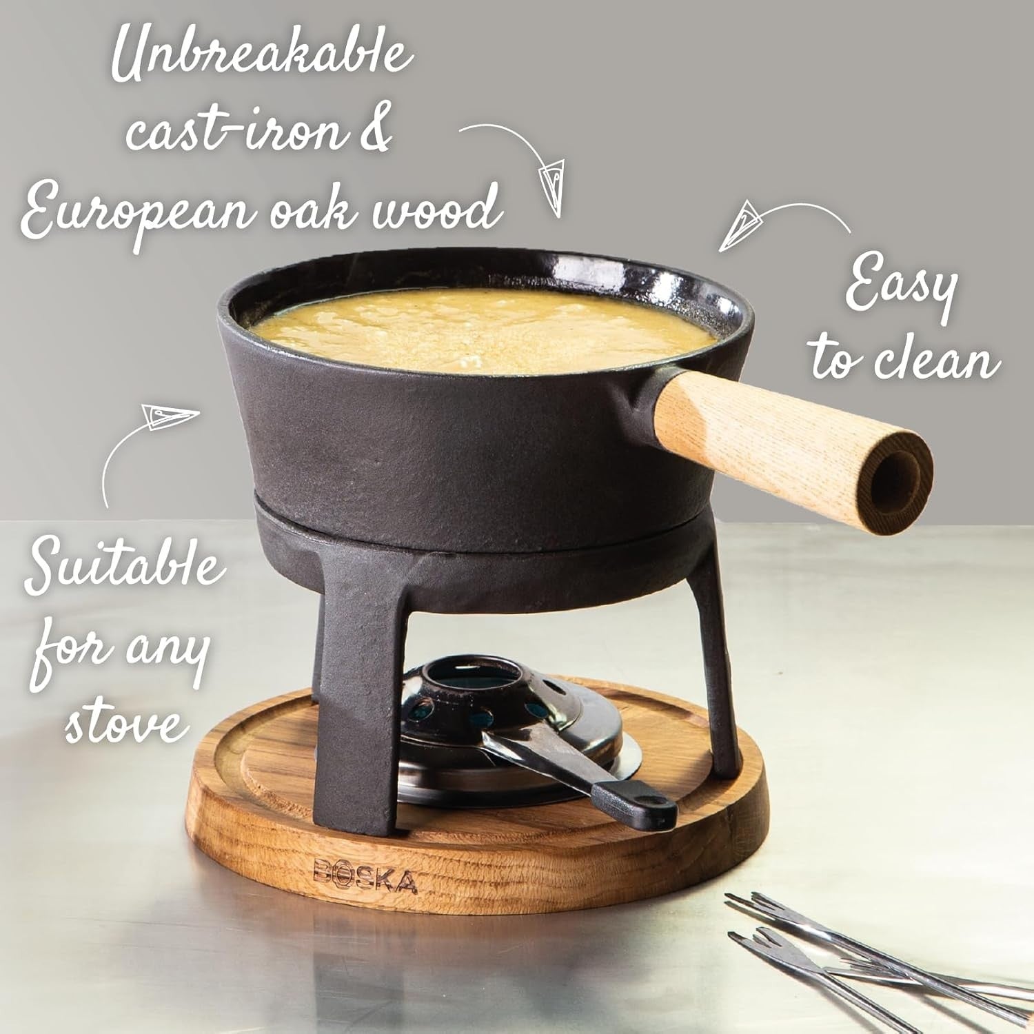 Cast Iron Cheese Fondue Set 1.2L Pot 4 Forks Tea Light Burner