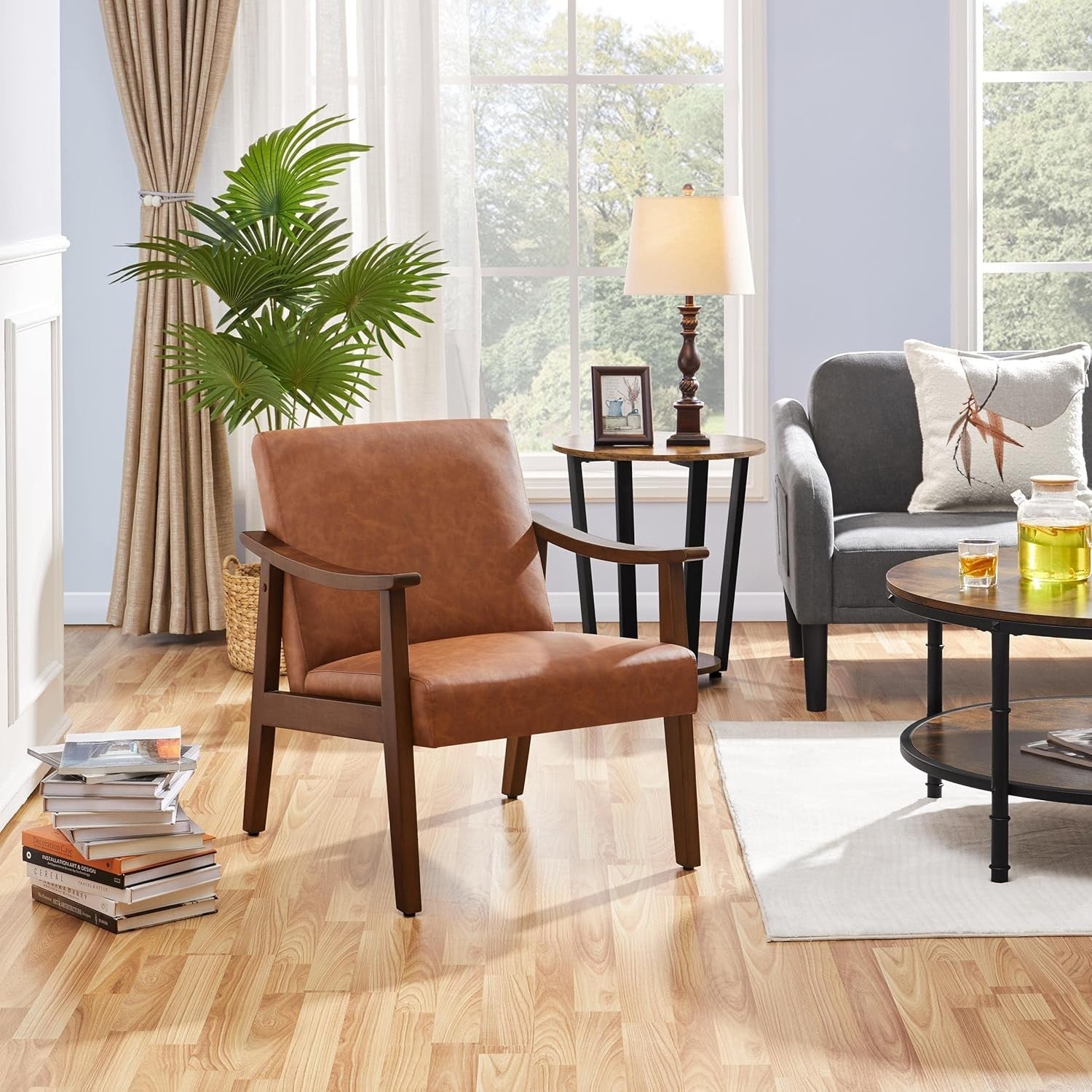 Leather Accent Armchair Lounge Chair Wooden Legs Modern Brown Seat