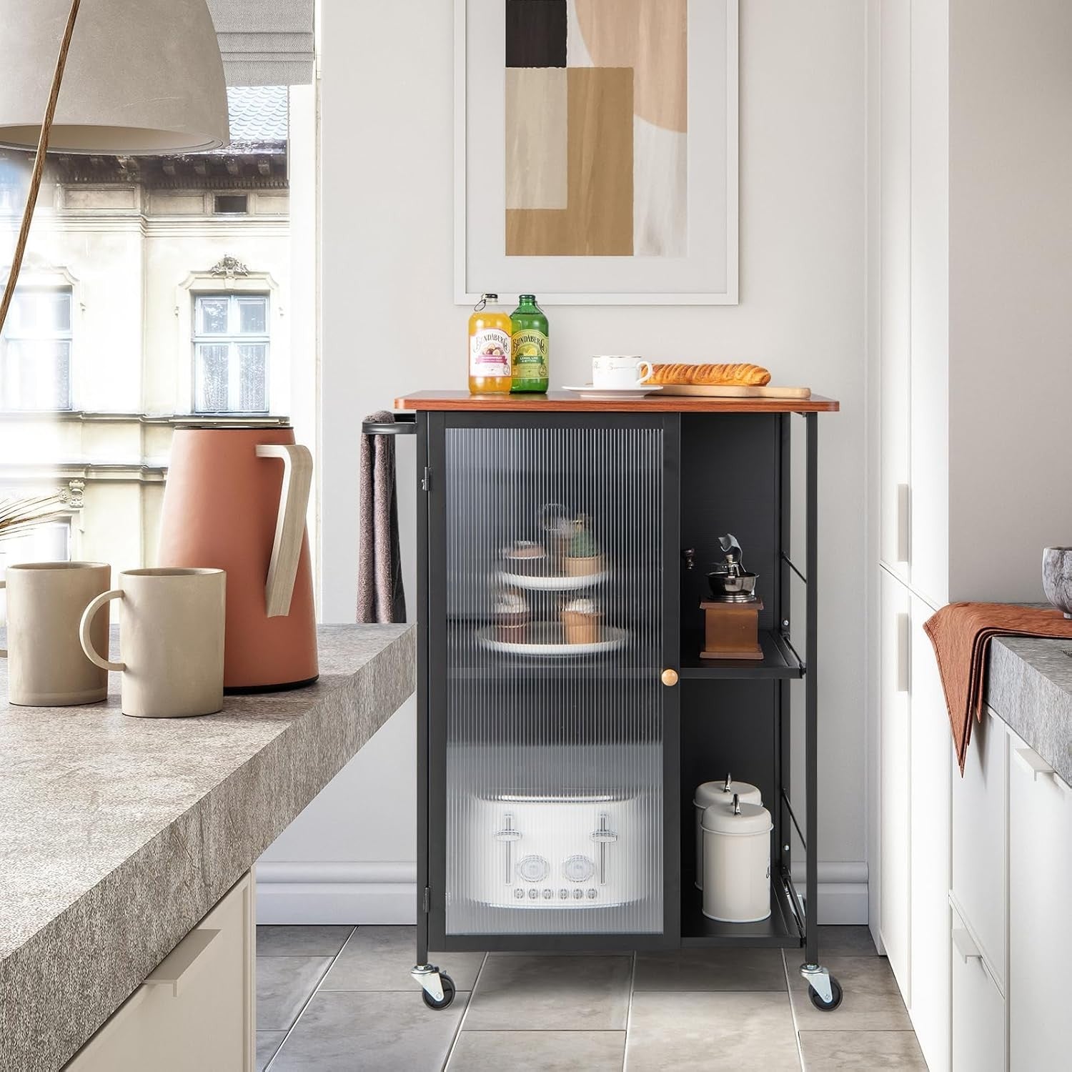 Kitchen Trolley on Wheels Storage Cabinet Wooden Top Shelves Door