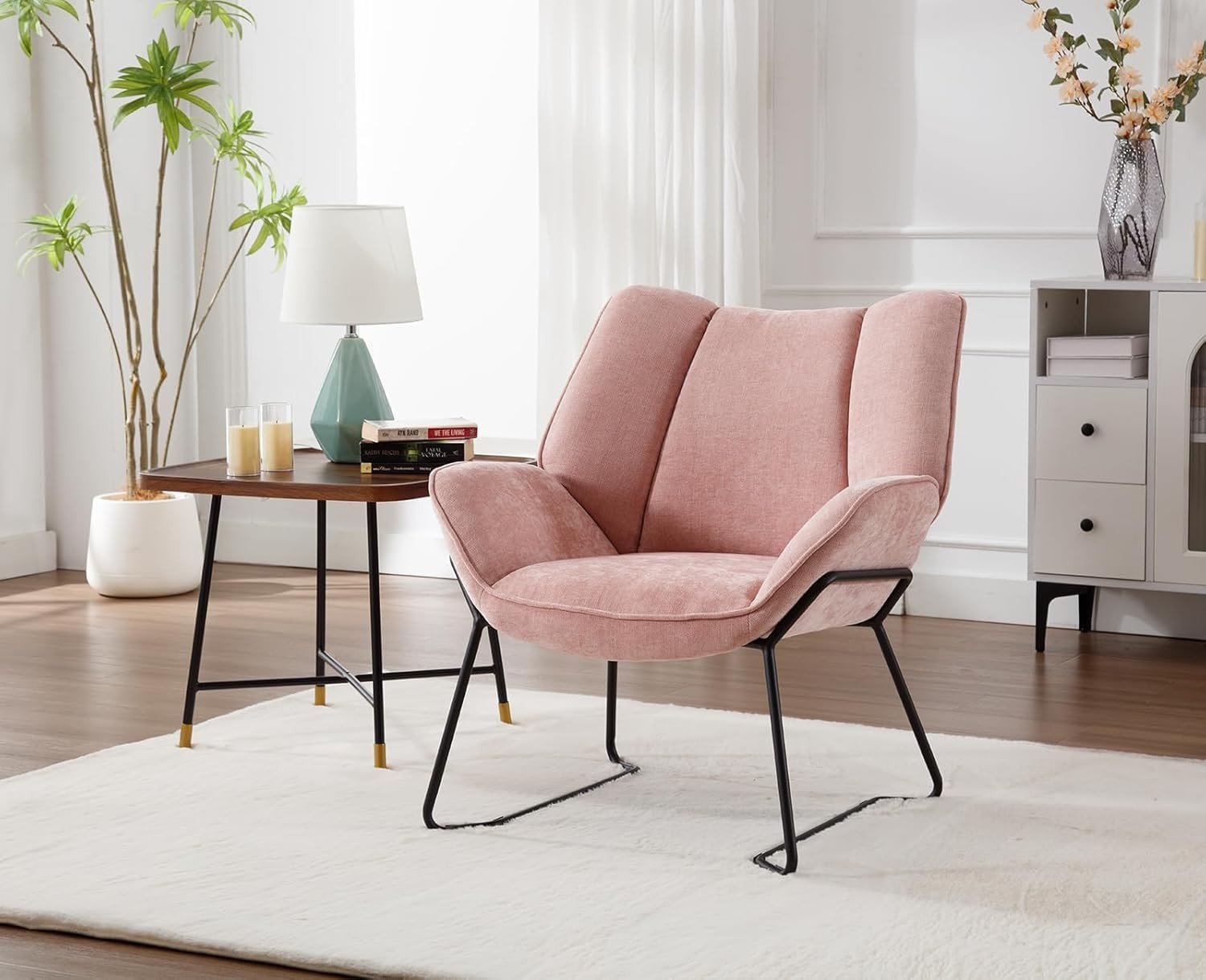 Pink Chenille Accent Tub Chair Metal Legs Modern Armchair