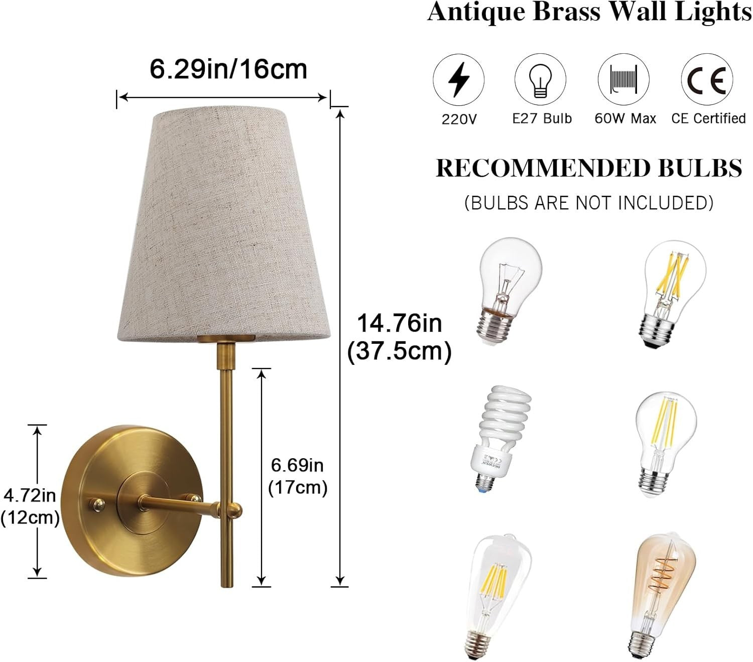 Brass Wall Lamps 2-Pack with Linen Shades | Dimmable Retro Bedroom & Hallway