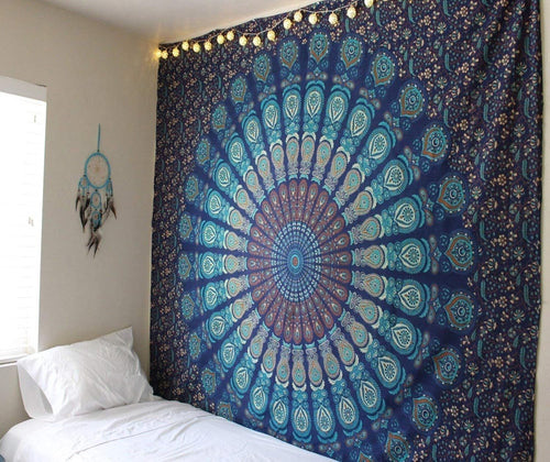 Blue Floral Mandala Tapestry 84x92in Queen Boho Wall Hanging Cotton