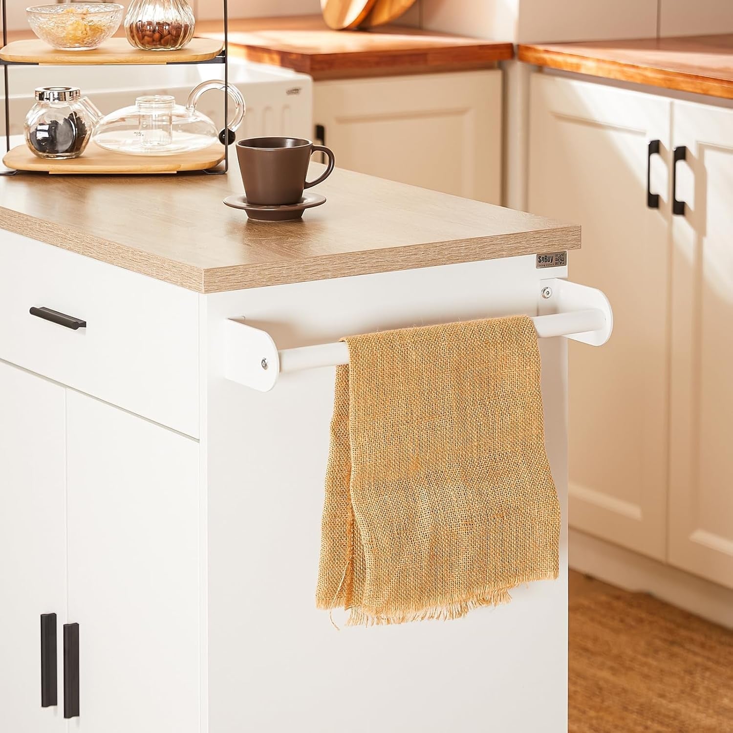 Kitchen Island on Wheels Storage Cabinet with Drawers Towel Rail Wood Top