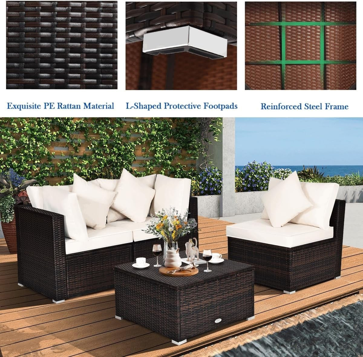 4PC White Rattan Garden Sofa Set Modular Patio Lounge Coffee Table Cushions