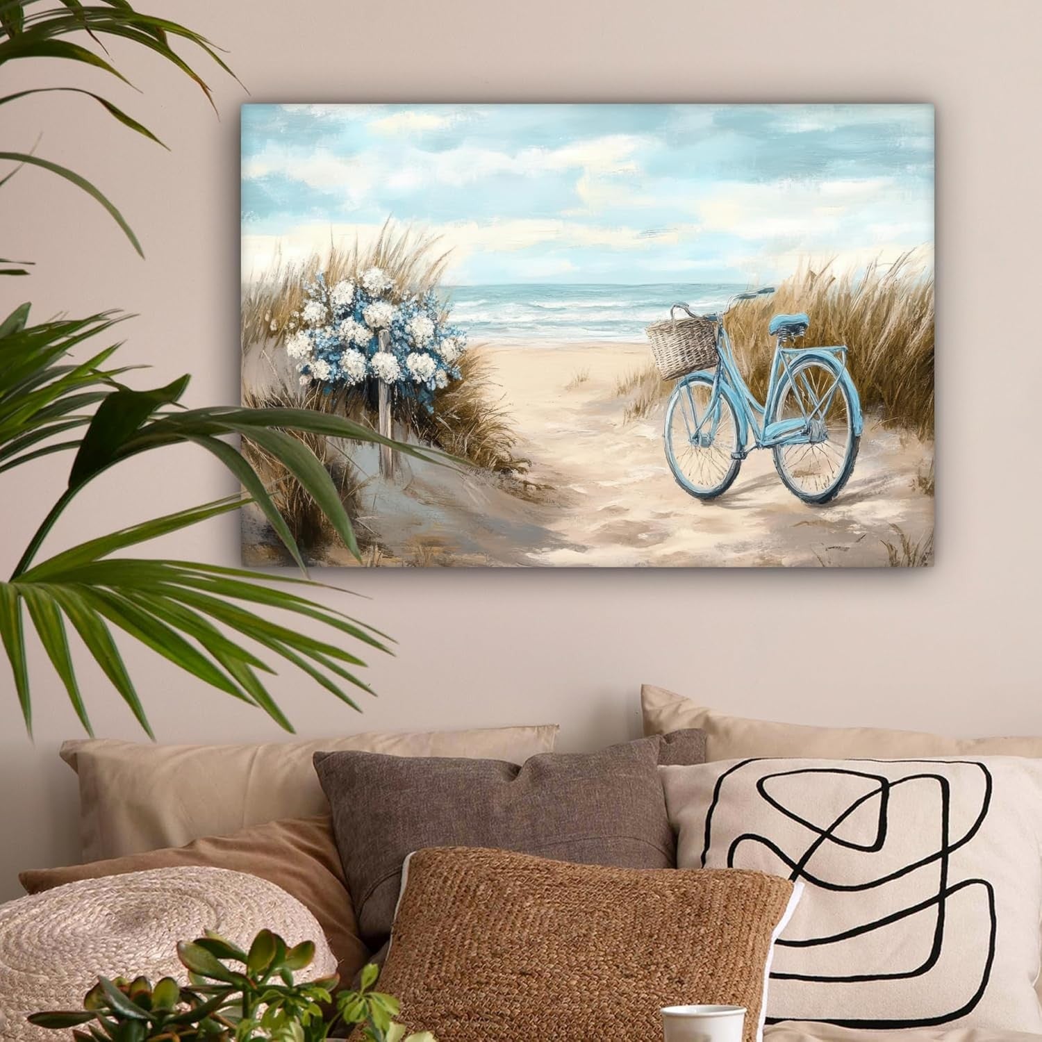 Beach Canvas Wall Art 60x40cm Framed Sea Bike Vintage