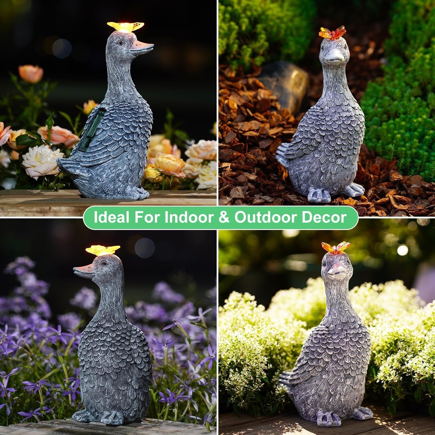 Solar Goose Garden Ornament Resin Statue with Butterfly Light Outdoor Decor