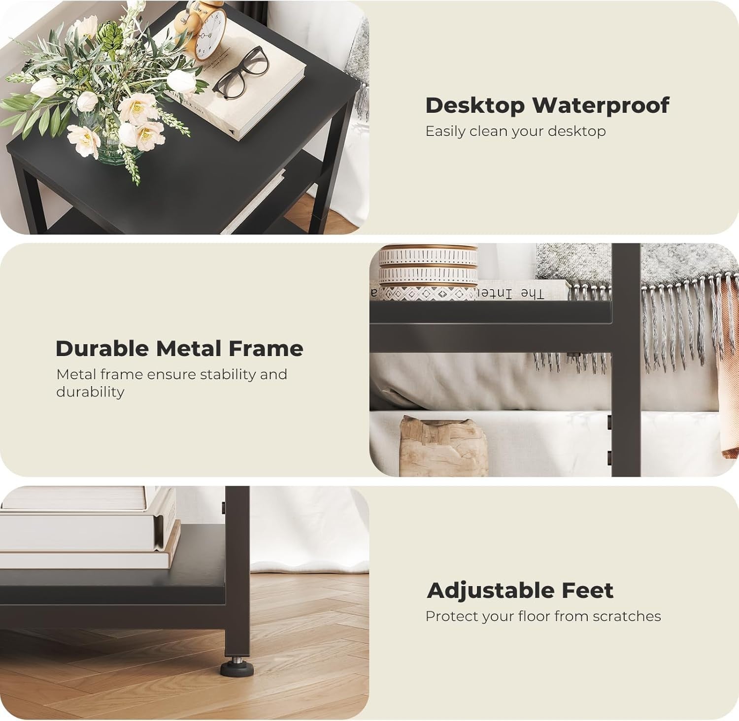 Slim 3-Tier Black Side Table – Narrow Bedside or Sofa Storage for Small Spaces