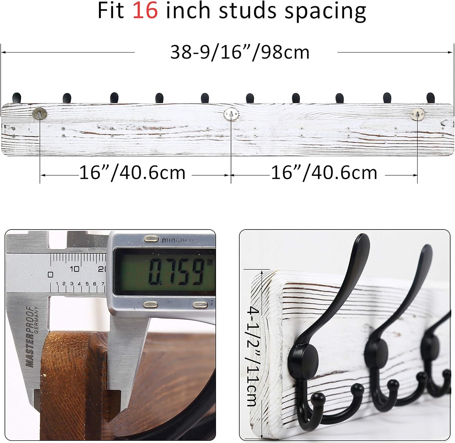 Wall Mounted Coat Rack 98cm | Rustic White Wood Hanger with 10 Hooks