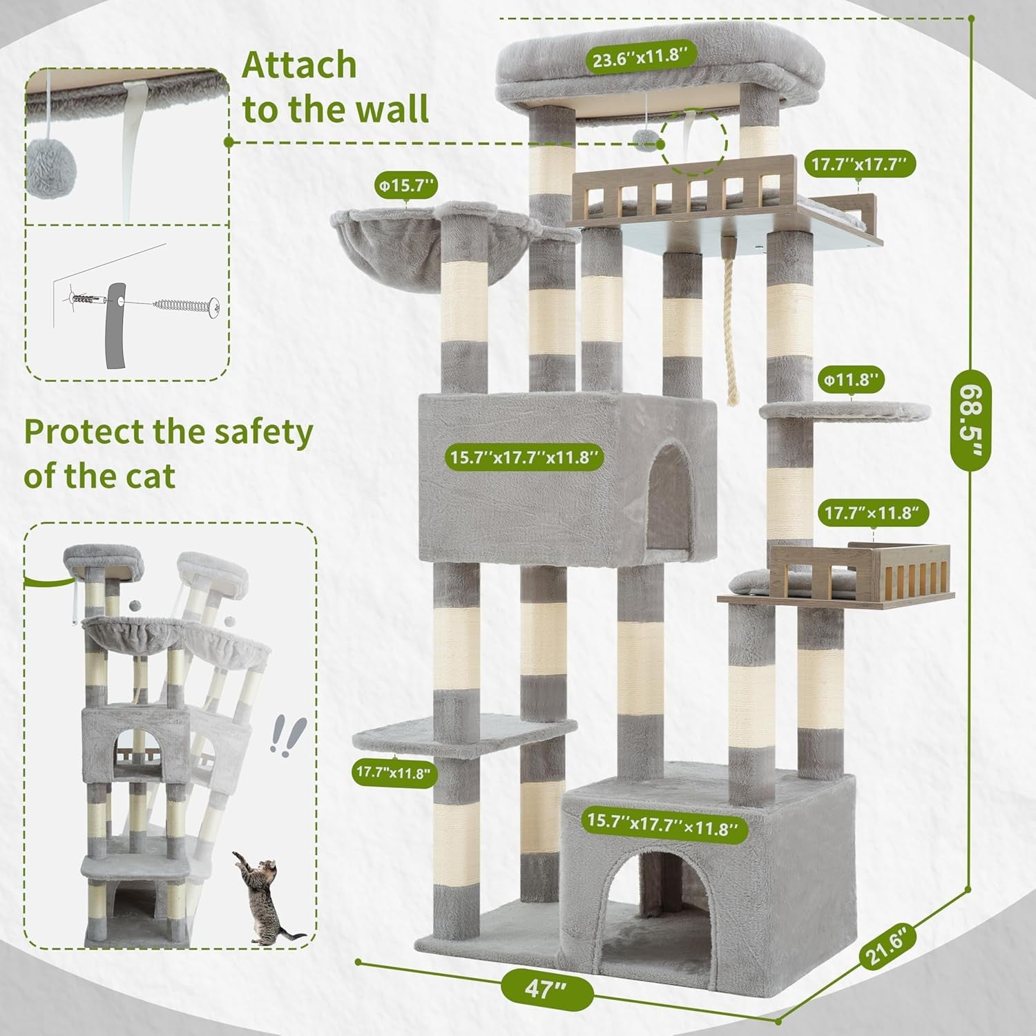 Heavy Duty Cat Tree Tower for Large Cats Maine Coon Condo Hammock 15 Posts