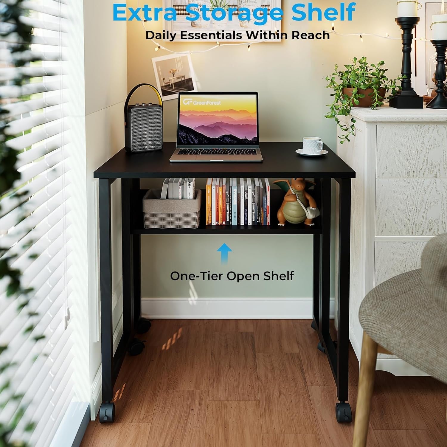 Folding Computer Desk 63cm with Storage Shelf Rolling Home Office Table
