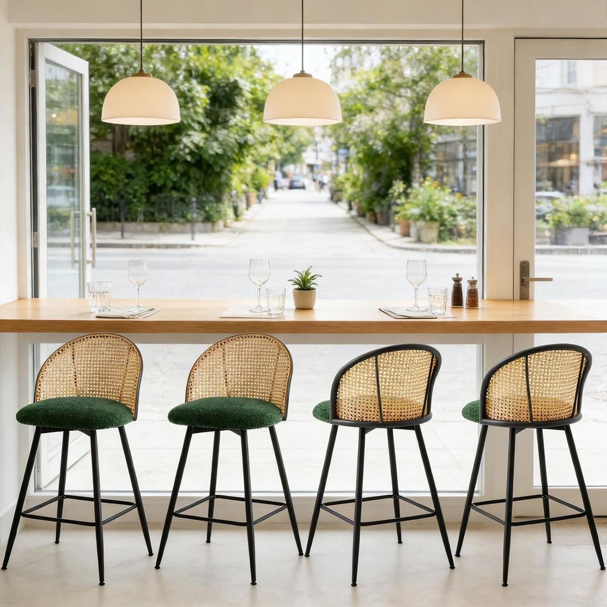 Set of 4 Swivel Bar Stools Rattan Back Upholstered Counter Height Kitchen Seats