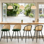 Set of 4 Swivel Bar Stools Rattan Back Upholstered Counter Height Kitchen Seats