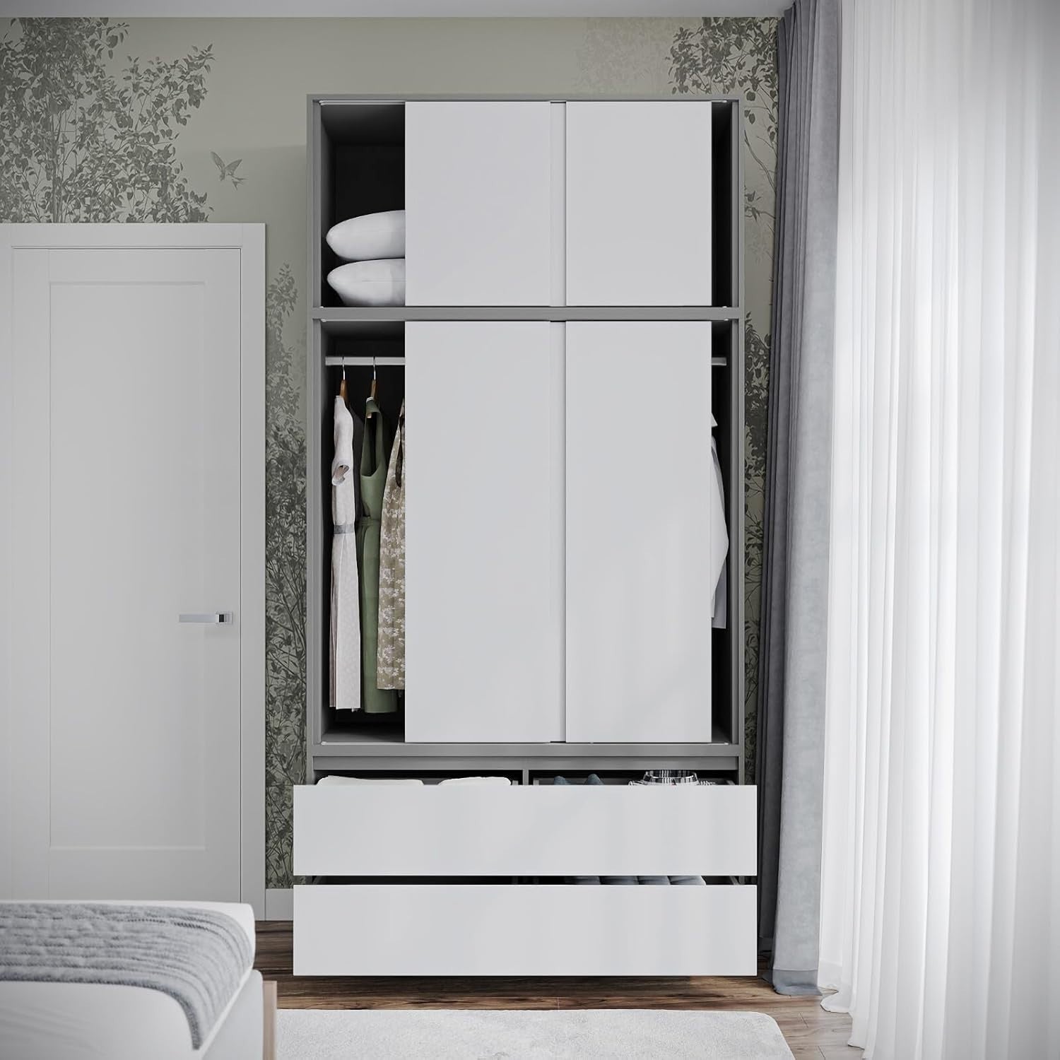 White Sliding Wardrobe 240cm 6 Doors 4 Drawers Modern Bedroom Closet Storage
