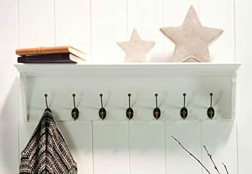 White Wooden Wall Coat Rack with Shelf & 7 Hooks – Hallway Bathroom Organizer