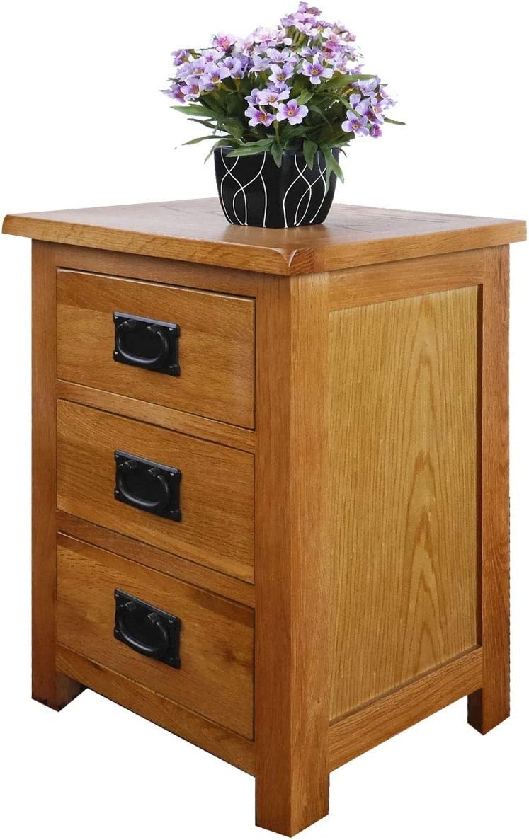 Rustic Oak Bedside Table with 3 Drawers, Solid Wood Nightstand 56x42x32cm