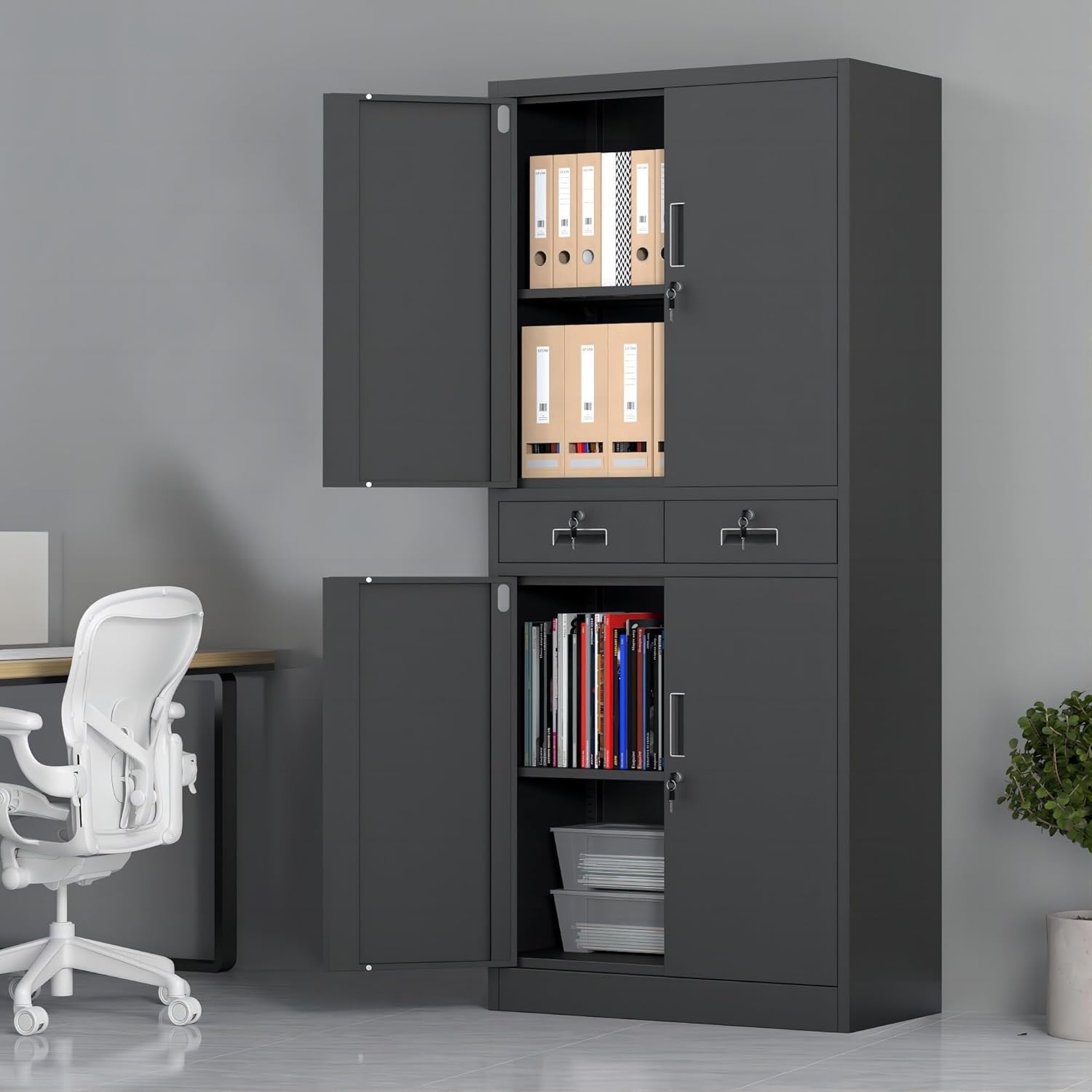 Tall Metal Storage Cupboard with Lock Doors Drawers Adjustable Shelves Black