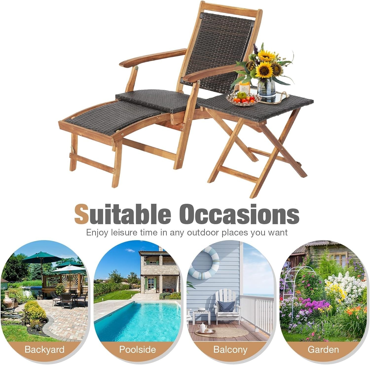Rattan Sun Lounger Chair Folding Armchair with Footrest & Side Table