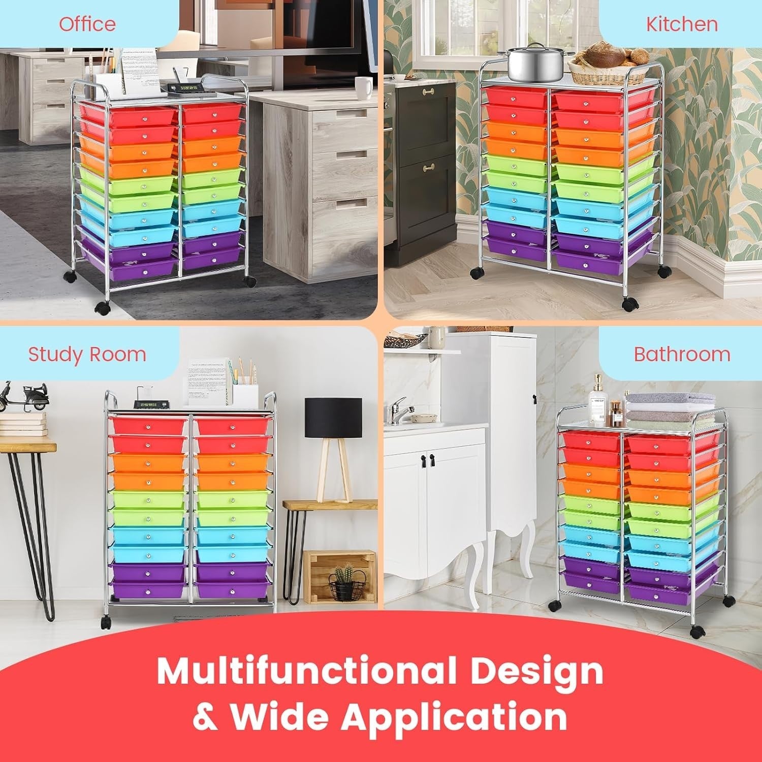 20 Drawer Rolling Storage Cart Mobile Organizer Trolley Multicolor