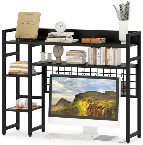 94cm Black Desk Hutch – 4-Tier Desktop Bookshelf w/ Hooks & Metal Frame