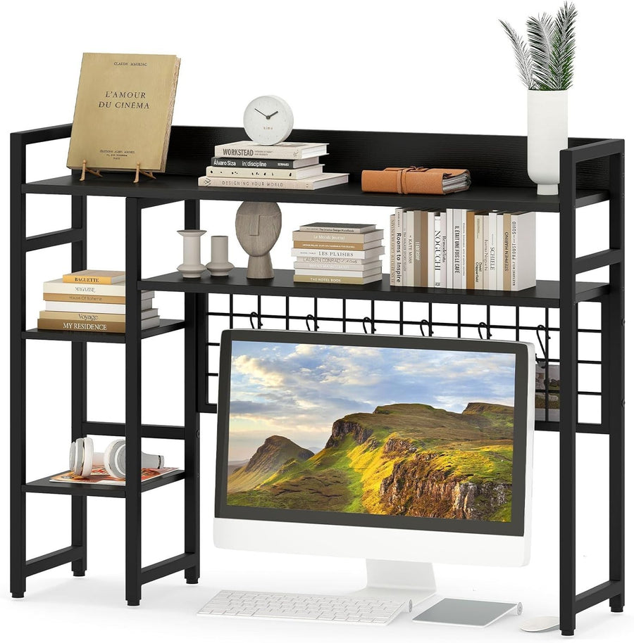 94cm Black Desk Hutch – 4-Tier Desktop Bookshelf w/ Hooks & Metal Frame