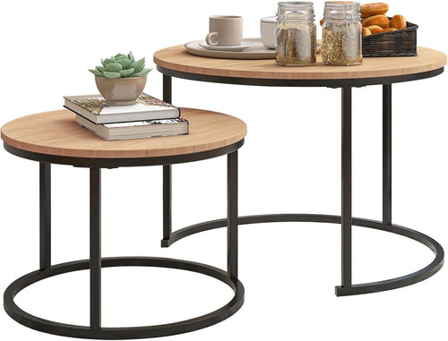 Round Nesting Coffee Table Set of 2, Black & Oak Metal Frame 70/50cm