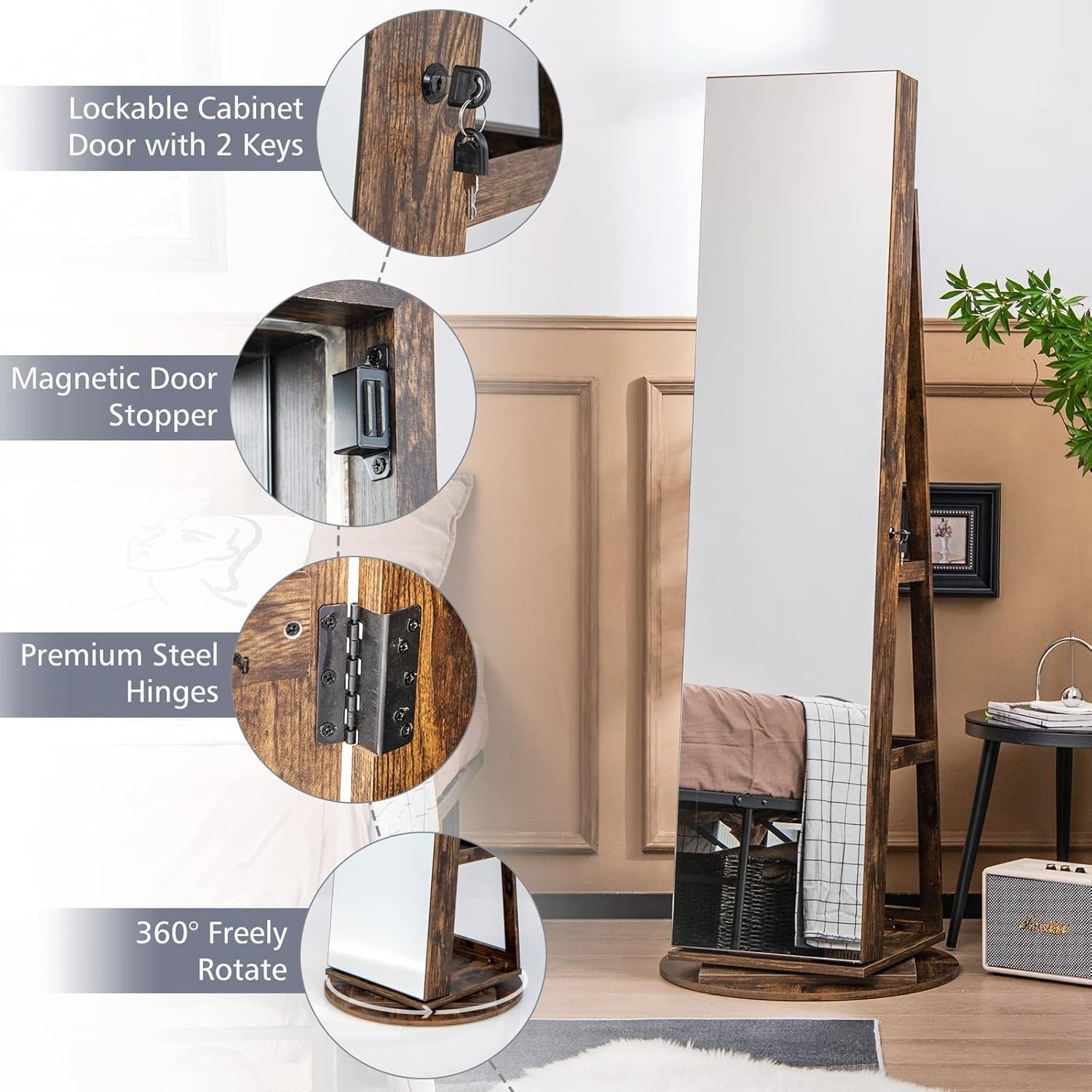 360° Rotating Jewelry Cabinet LED Mirror Lockable Storage Organizer
