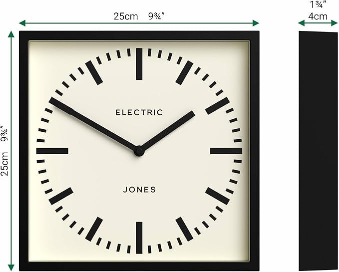 Square 25cm Wall Clock Silent Modern Station Style Black Frame Home Office Decor