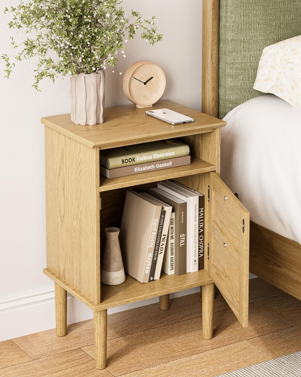 Light Oak Wooden Bedside Table with Door & Open Shelf | Modern Rustic Nightstand