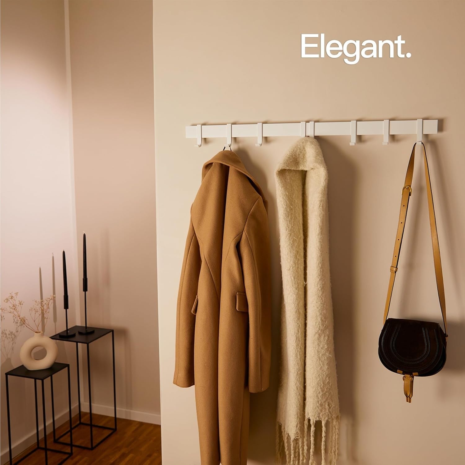 Modern Wall Coat Rack 80cm | White Metal Rail with 8 Sliding Hooks Matte