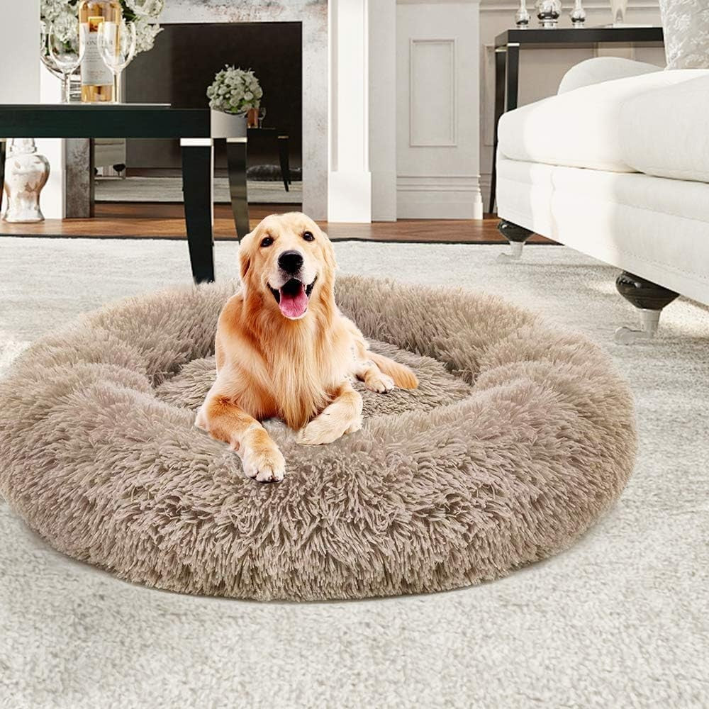 XXXL Calming Donut Dog Bed 120cm Washable Non Slip Brown