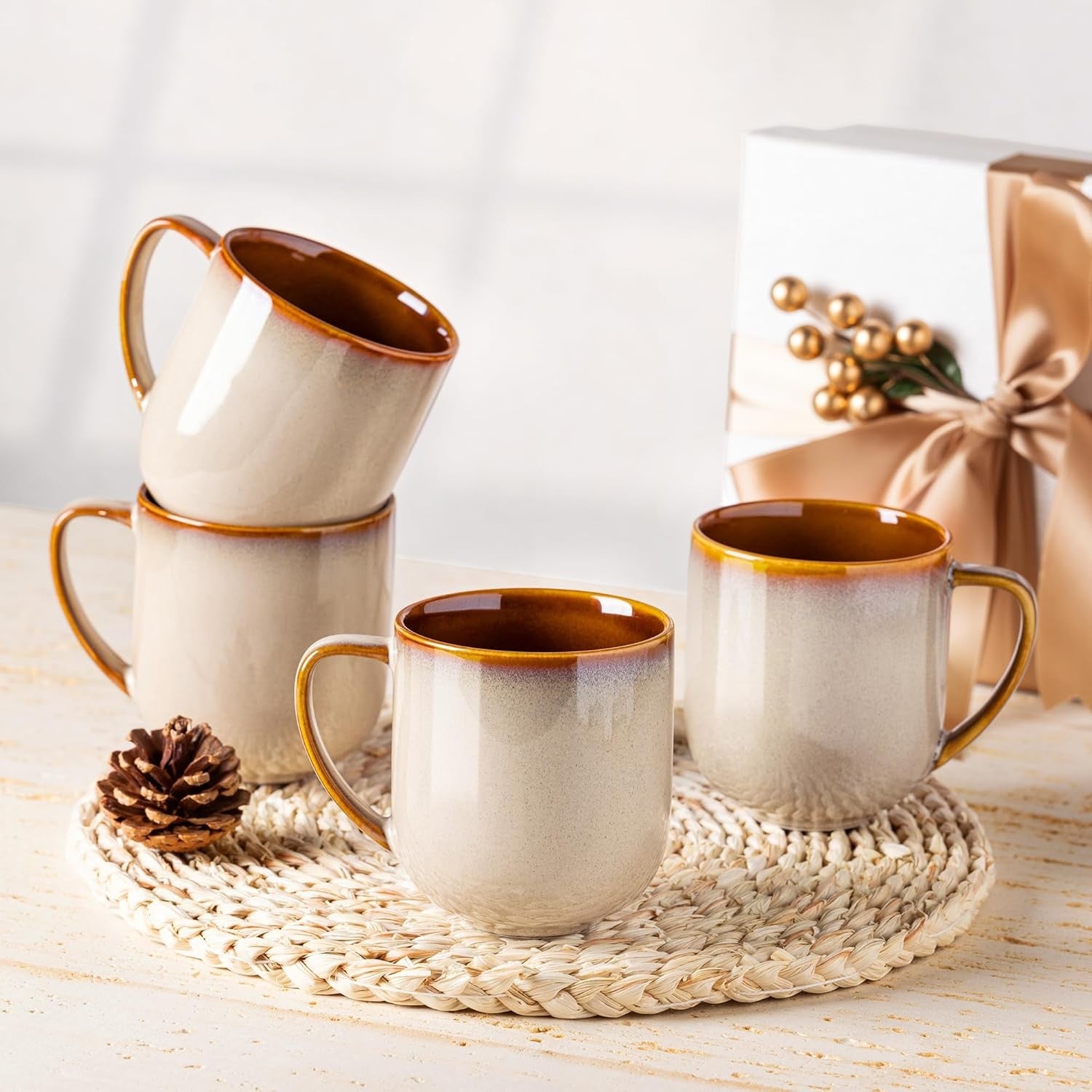 Stoneware Coffee Mugs Set of 6 350ml Large Handle Latte Cappuccino Cups