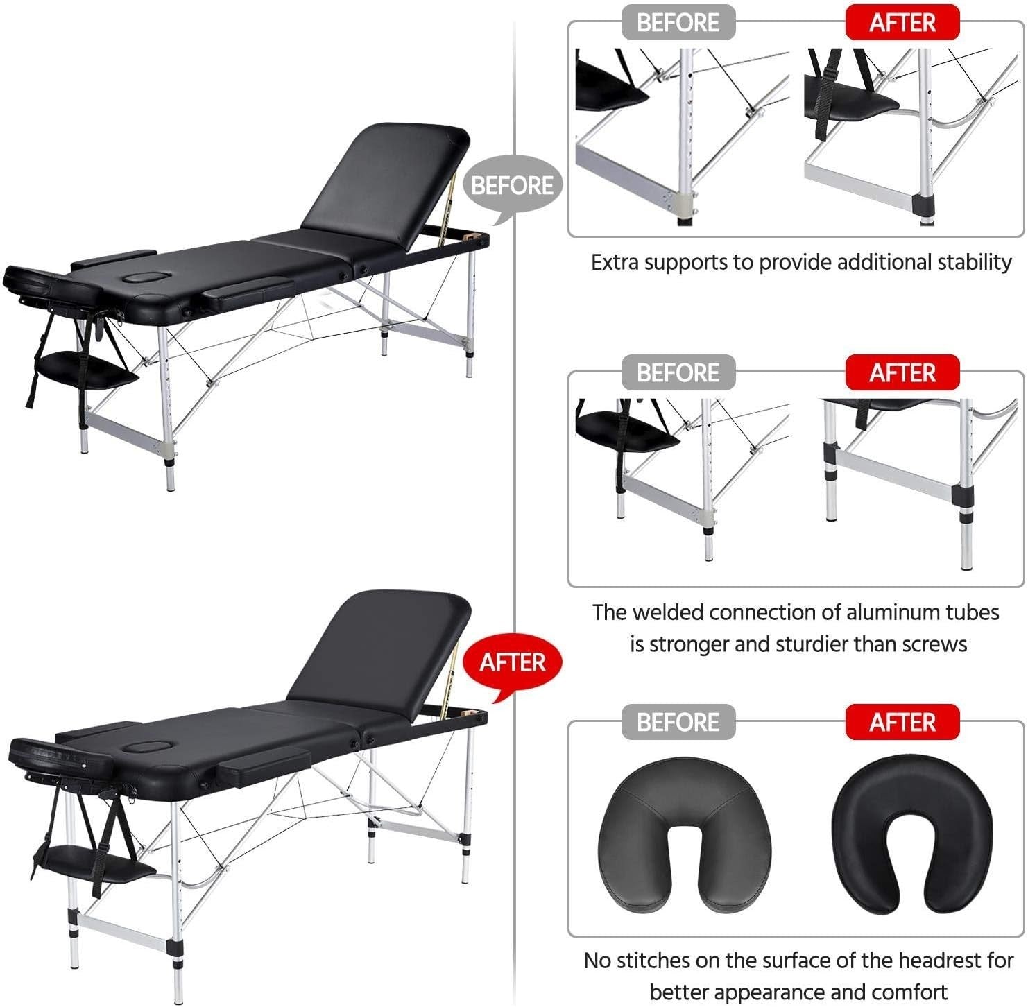 Portable 3 Section Massage Table with Saddle Stool Set Adjustable Spa Beauty Bed