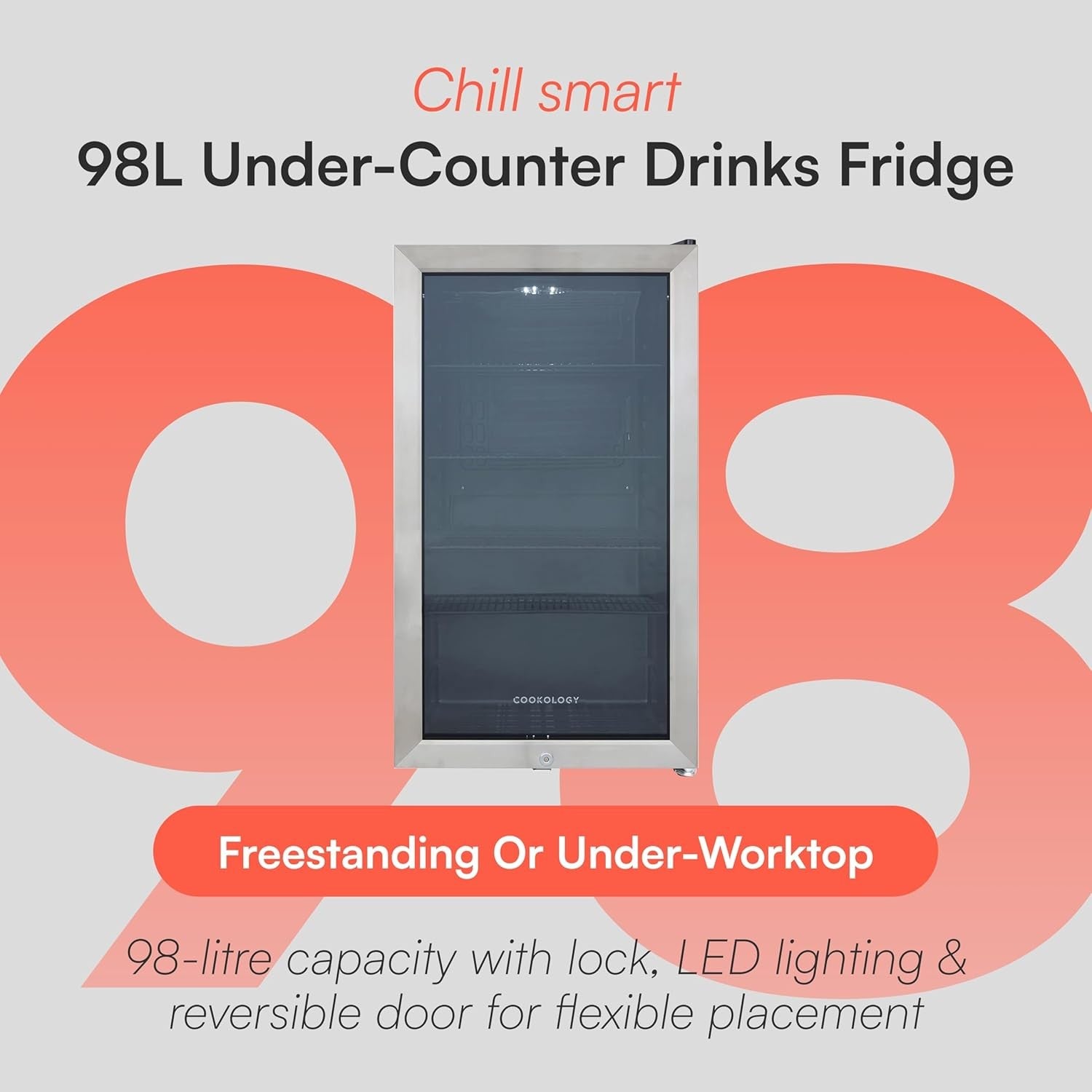 Under Counter Drinks Fridge 98L Glass Door Beer Wine Cooler LED Display