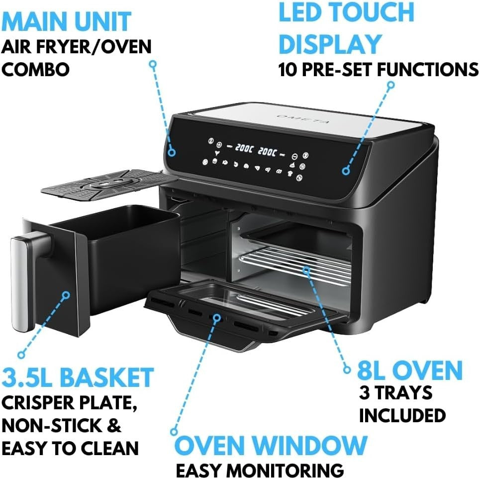 Dual Zone Air Fryer Oven Combo 9.5L Sync Cook 10 Presets Window Black