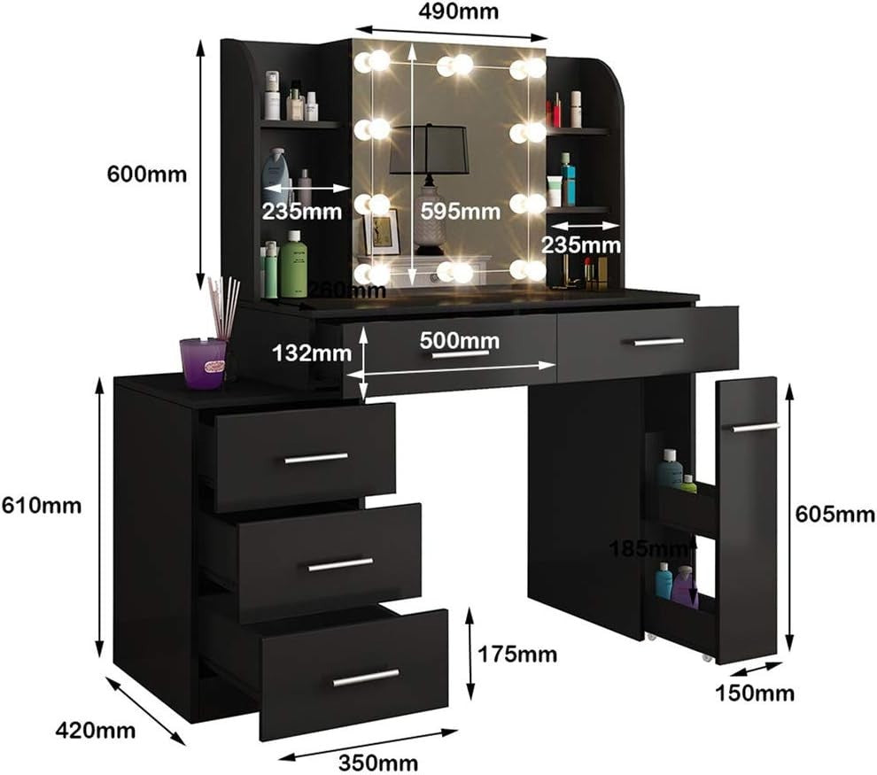 Black Vanity Dressing Table Set w/ Lights Mirror 12 Storage Drawers Modern