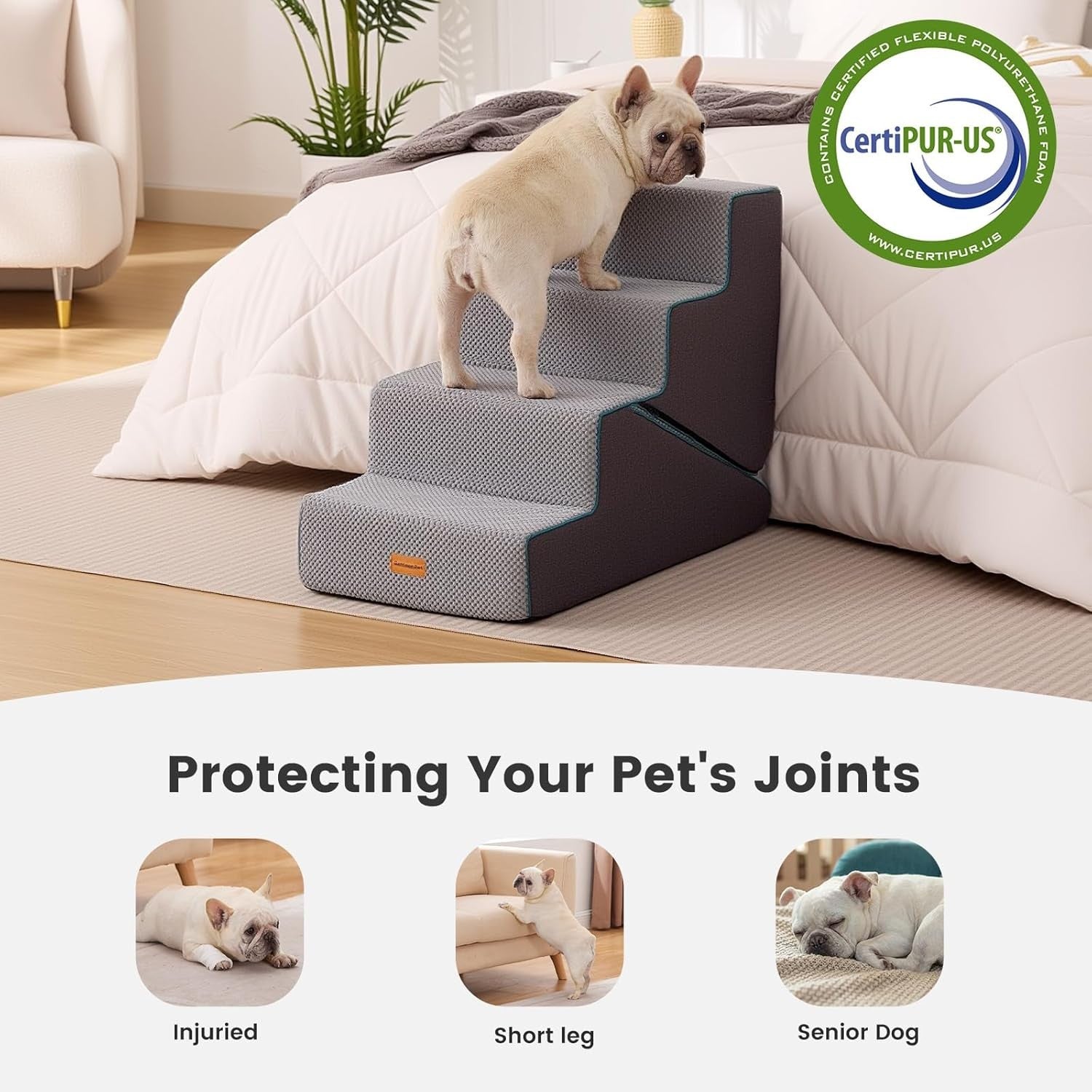 4 Step Adjustable Dog Stairs Foam Ramp Non-Slip Grey 47-56cm H