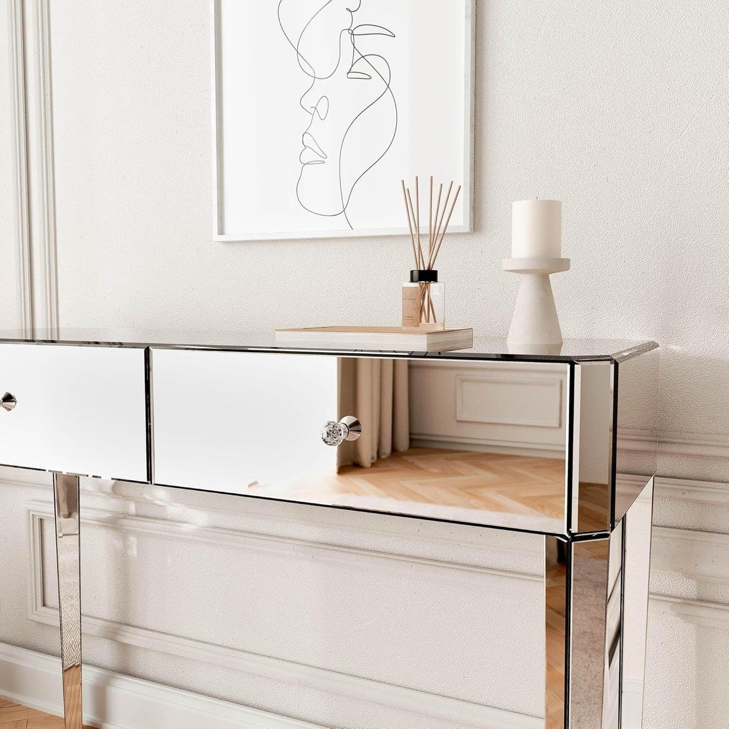 Silver Mirrored Dressing Table Vanity Desk 2 Drawers Glass Top Wood Modern