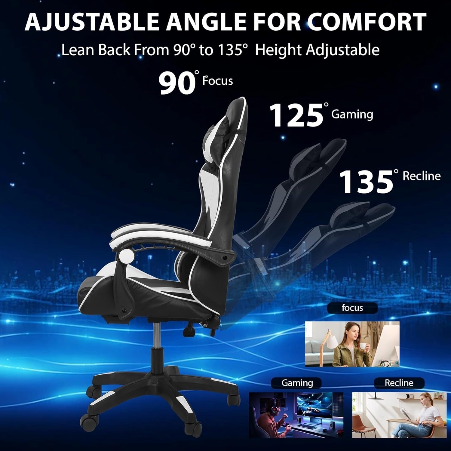 Ergonomic Gaming Chair w/Massage, High Back, Reclining, Faux Leather, Black/Whit