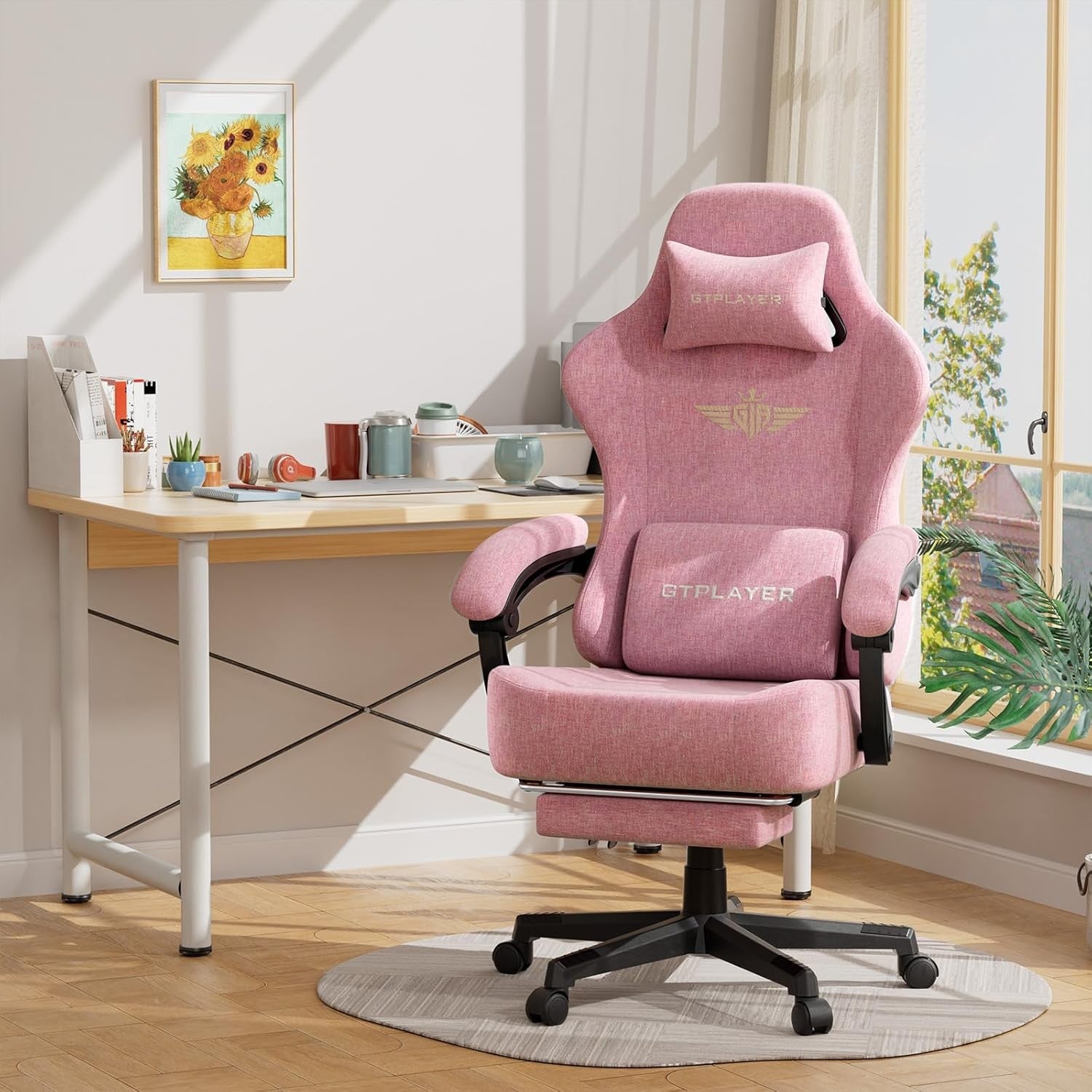 Pink Gaming Chair Ergonomic Office Seat w/ Footrest Lumbar Support